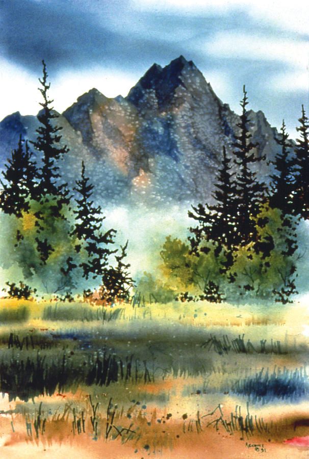 Watercolor Landscape - riverside art
